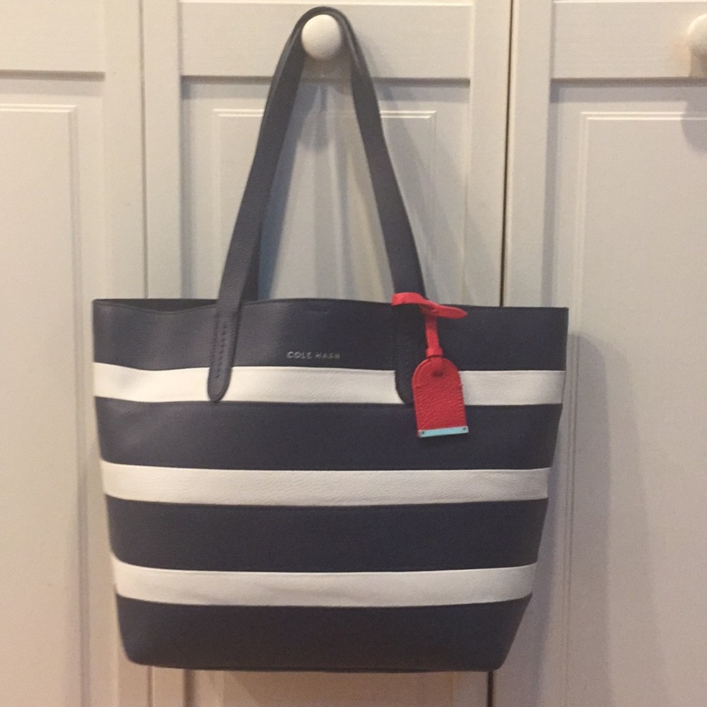Cole Hann Medium Tote Blue/White Stripe some red.